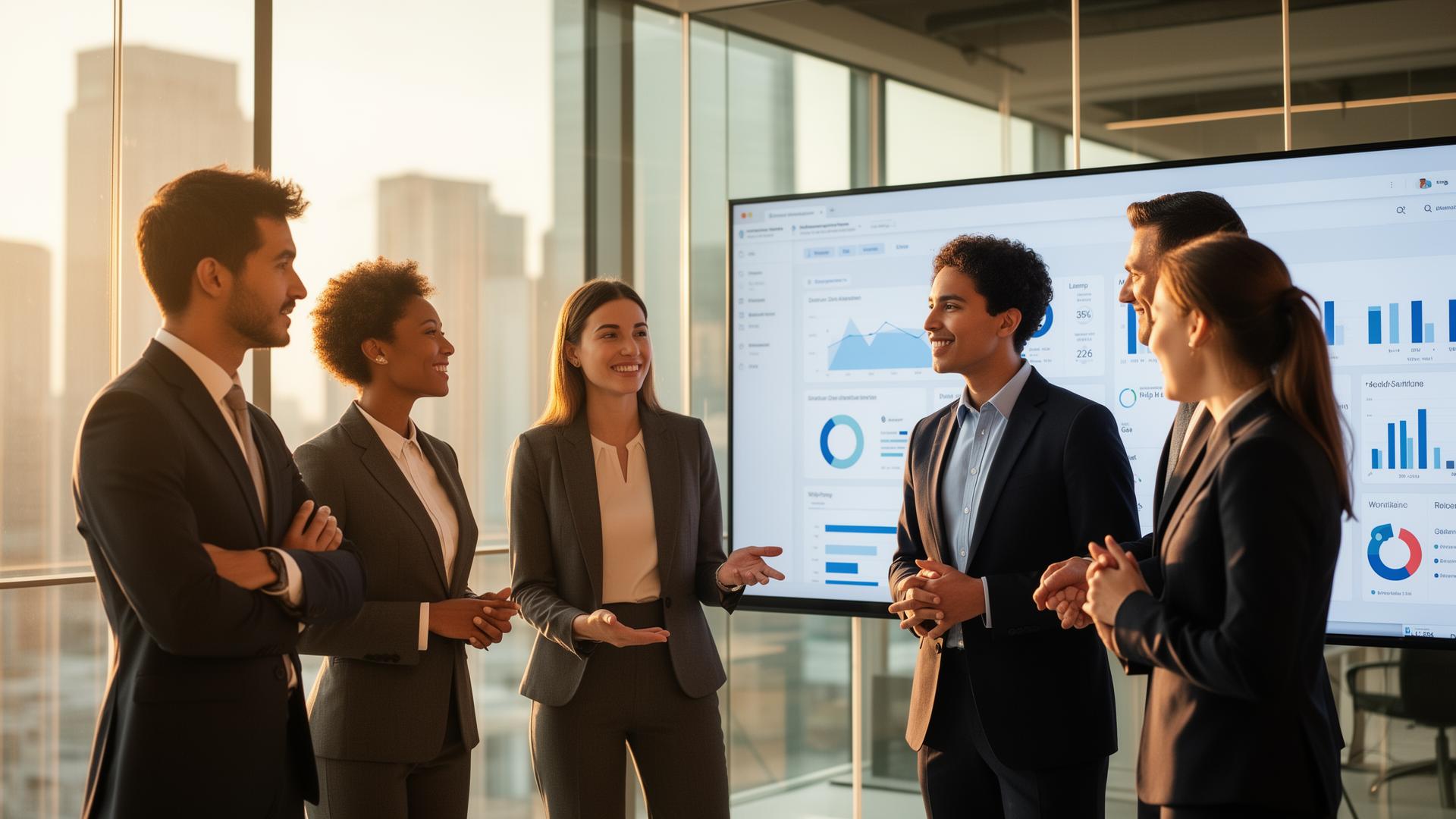 Internationales Business-Team von Leadmarkt24 mit modernen Dashboards und KPI-Monitoren
